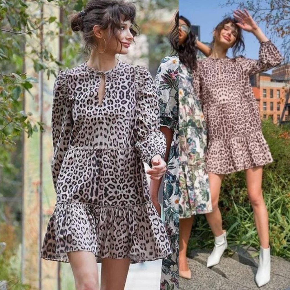 NWT GENERATION LOVE Rumi Leopard Print Mini Dress Tiered Long Sleeve Size L